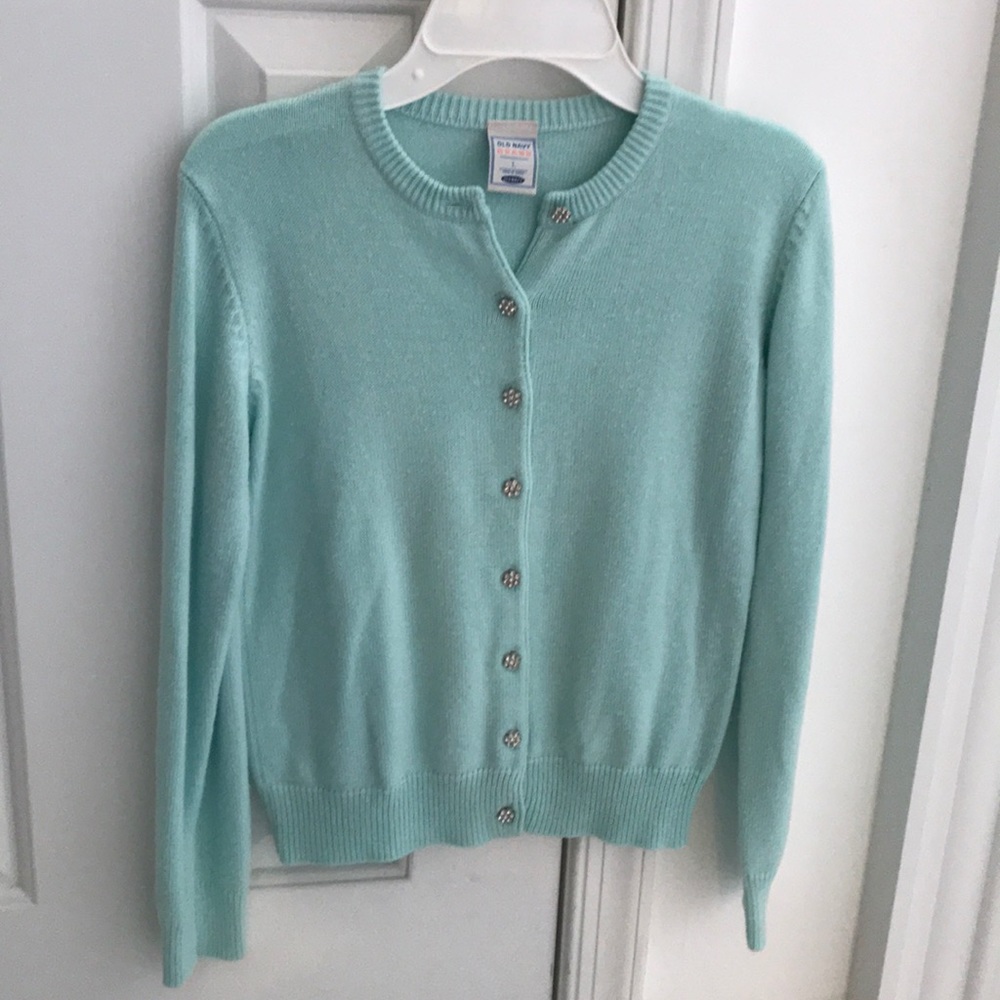 Girls aqua botton down sweater.